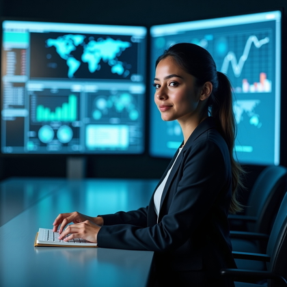 Professional headshot photo in a technology operations room with a large LED wall showing abstract, softly defocused dashboards and network maps in cool tones. Standing three-quarter pose beside a minimalist standing desk with one hand resting lightly on the surface and the other holding a slim notebook, posture upright and poised, face clearly visible with attentive focus. Cinematic cross-lighting: warm key from the front quarter, cool ambient from the screens, and a faint rim to separate from the background. Cropped from mid-torso up with negative space on one side for layout, wardrobe impeccably pressed with subtle corporate accessories, hyper-real finish without over-retouching.