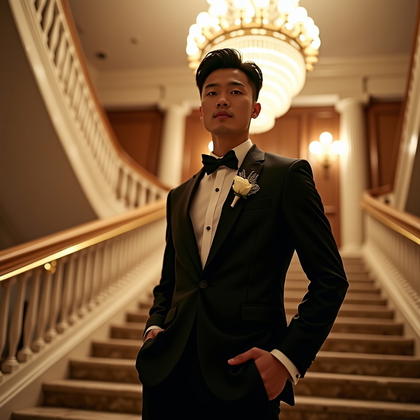 AI-generated photo: Photorealistic wedding portrait photo on a grand hotel lobby staircase beneath a crystal chandelier,...