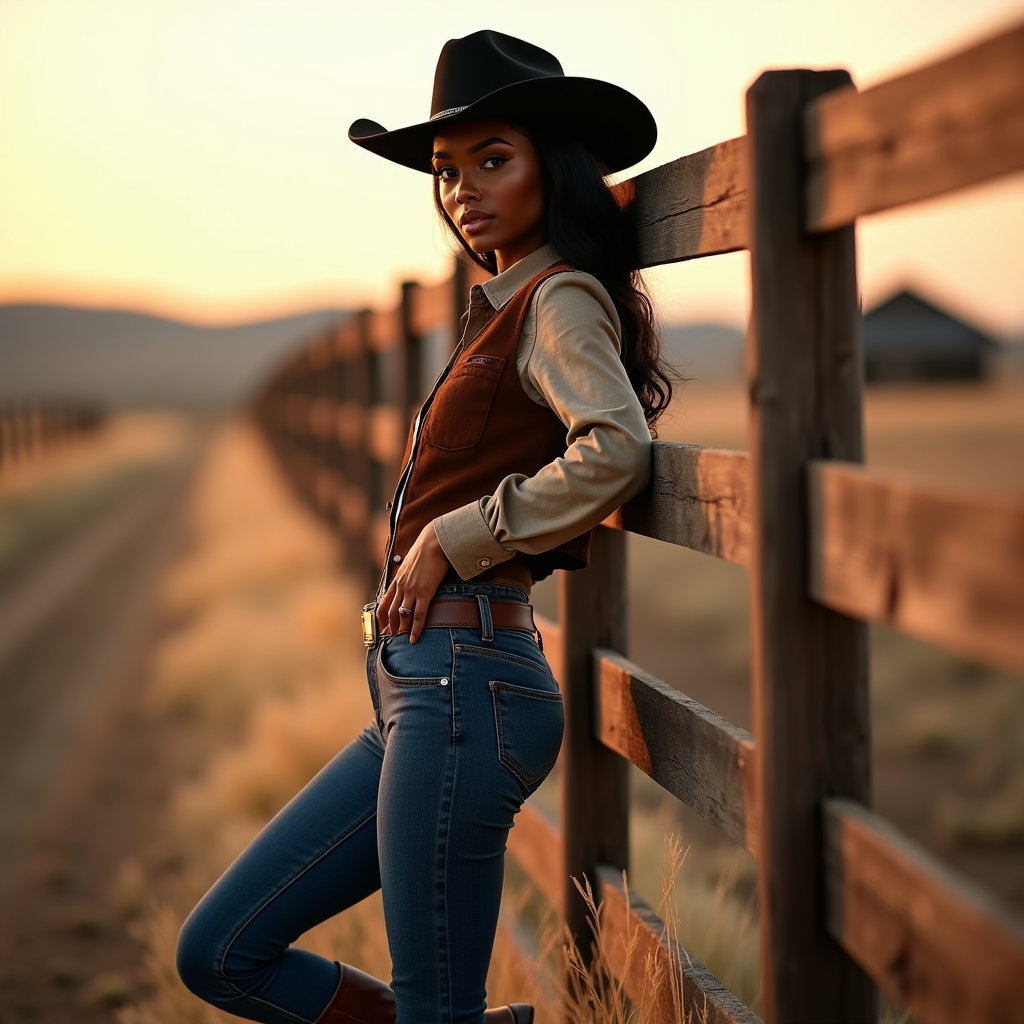 AI-generated photo: Photorealistic fashion photography, a stylish cowboy portrait composed at a ranch fence line, with t...
