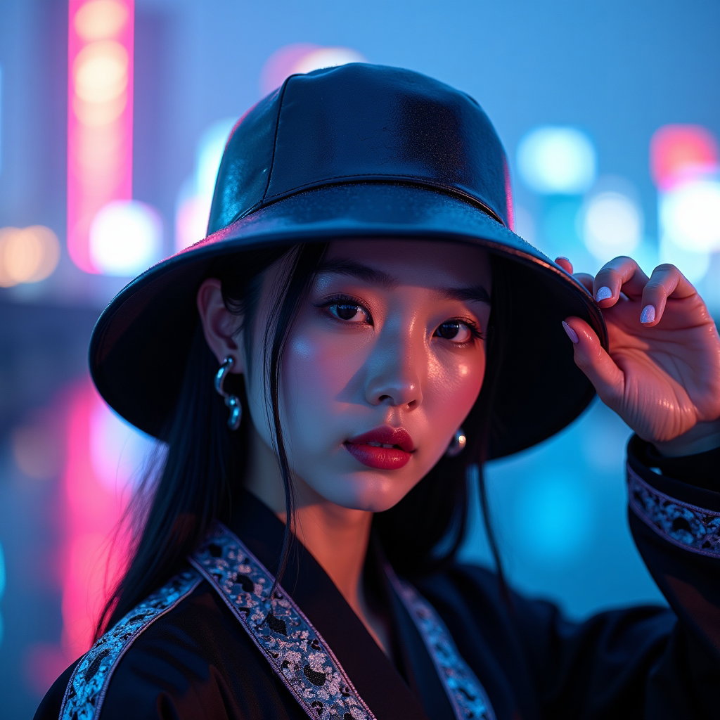 Hanbok-Inspired Demon Hunter Portrait example: Cinematic K-pop fantasy portrait photo. Tight close-up on a rain-slick rooftop with a neon city skyline behind, the subj