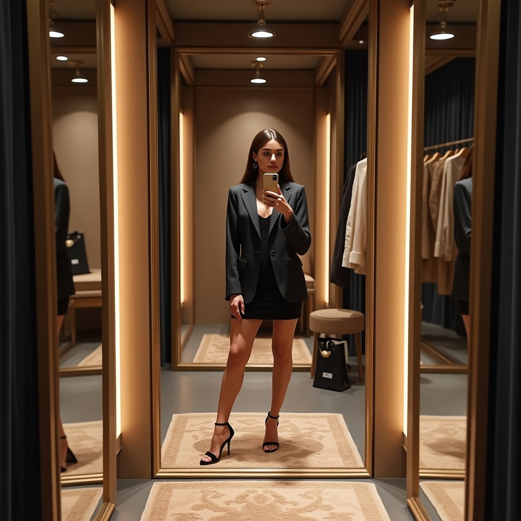AI-generated photo: Photorealistic fashion mirror selfie photo inside a boutique fitting room with velvet drapes, brass ...