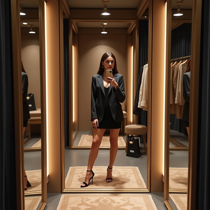 AI-generated photo: Photorealistic fashion mirror selfie photo inside a boutique fitting room with velvet drapes, brass ...