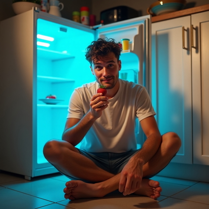 AI-generated photo: Photorealistic lifestyle photography on the kitchen floor beside an open fridge glowing cool blue ag...