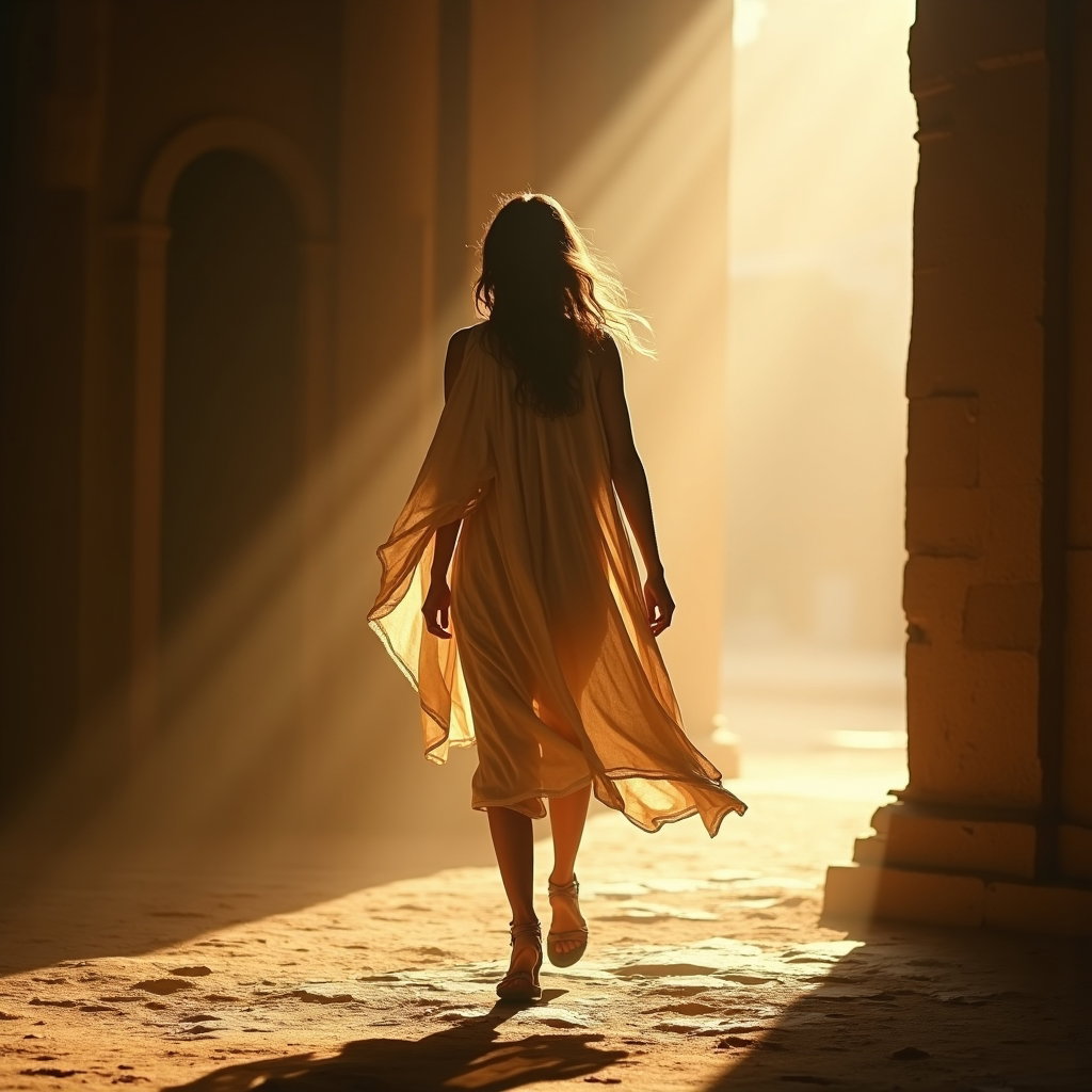 Solo Clean Mythic Portrait Without Costume Clutter example: Cinematic fantasy action portrait photography. Dynamic solo portrait captured mid-stride as the subject moves through a