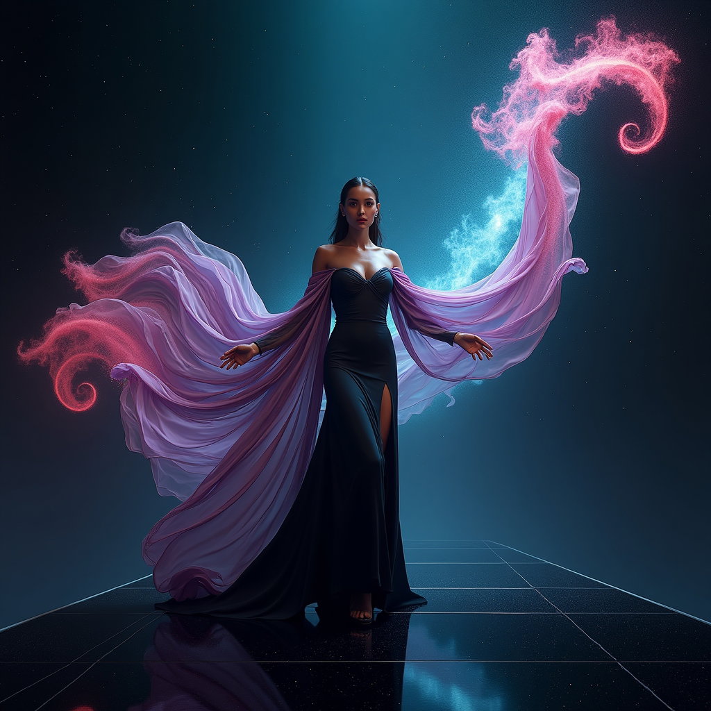 AI-generated photo: Photorealistic avant-garde fashion photography, a figure standing on a minimalist, glossy black runw...