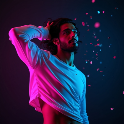 AI-generated photo: Photorealistic studio portrait photograph of a person in a mid-torso composition, leaning back sligh...