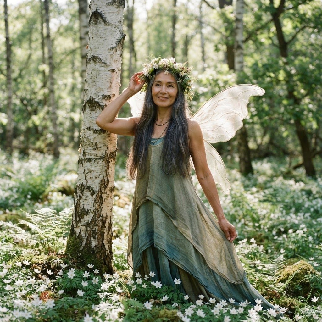 Woodland Fairy Among Wildflowers: Medium-length portrait in a clearing dotted with woodland anemones.