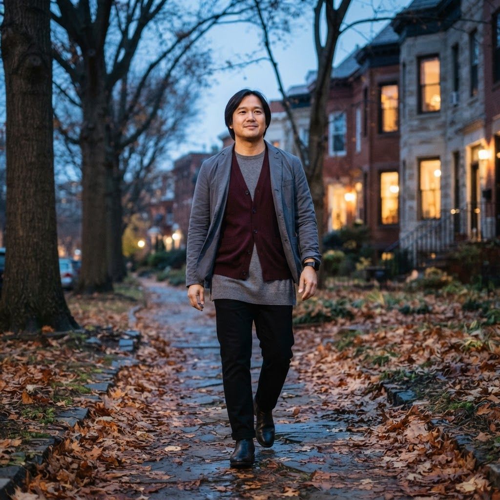 Soft Layers on a Leaf-Strewn Walk: Full-length walking portrait on a leaf-covered neighborhood footpath at early evening, with softly lit rowhouse windows behind the trees.