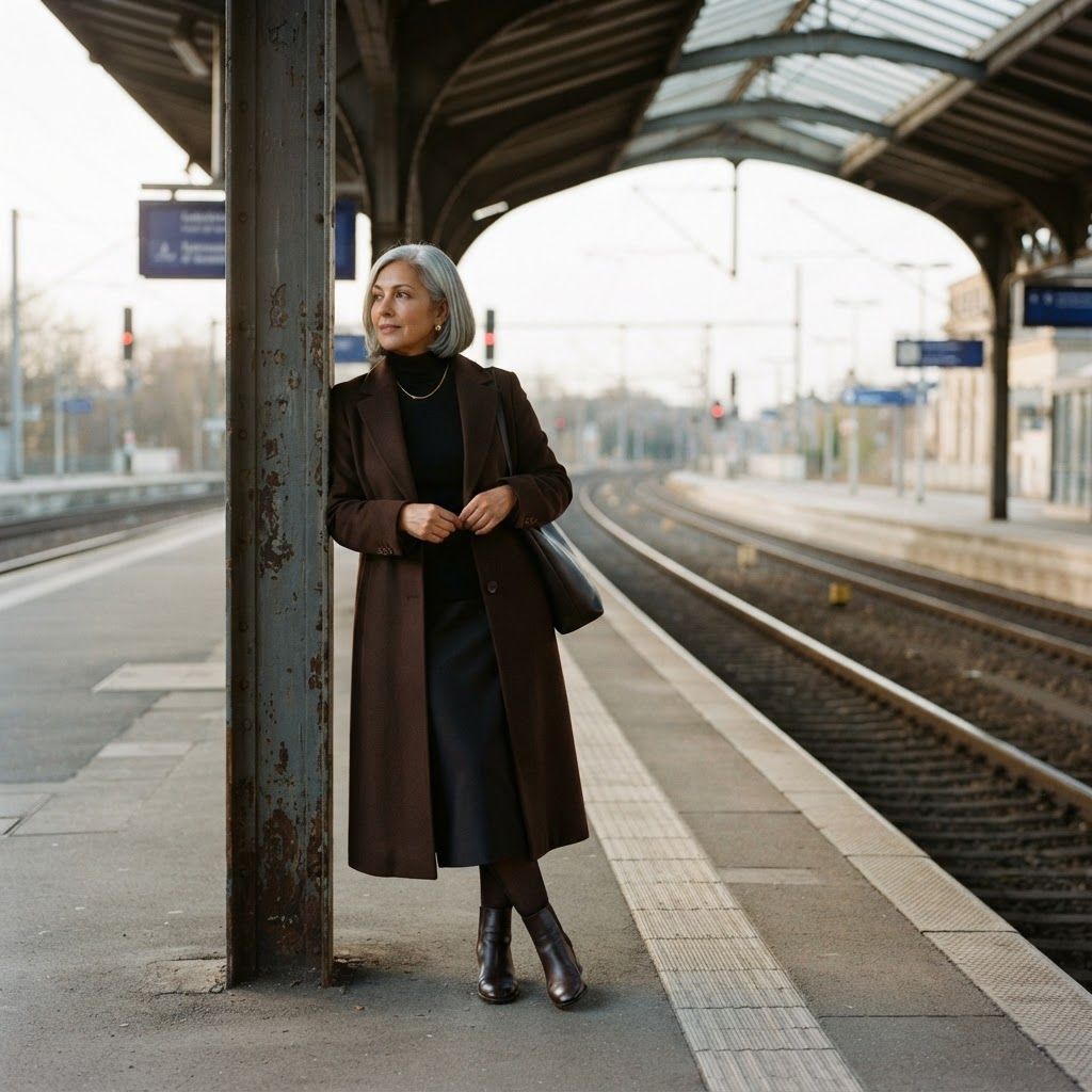 Longline Coat at a Train Platform: Full-length portrait beside a steel support on an empty covered train platform, with the tracks and platform edge receding behind.