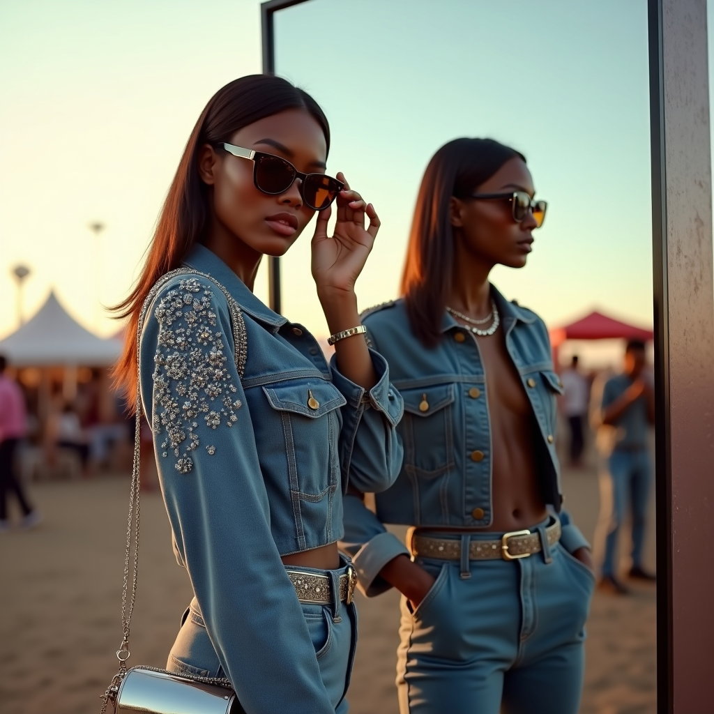 Full-Body Outfit Reveal Pose example: Photorealistic fashion photography. Close-up fashion reveal using a tall mirrored festival installation: the subject sta