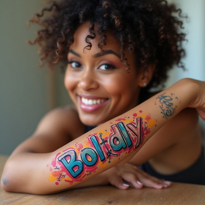 AI-generated photo: Photorealistic photography of a woman’s forearm adorned with a vibrant motivational quote tattoo in ...