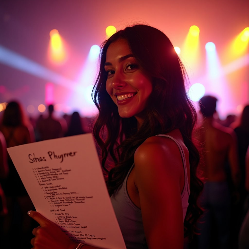 Over-the-Shoulder Setlist Moment example: Photorealistic festival portrait photography. Close-up over-the-shoulder moment with a handwritten setlist held in the f