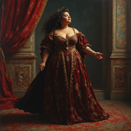 AI-generated photo: Baroque oil painting. A lavishly dramatic scene unfolds in a grandiose hall adorned with opulent dra...