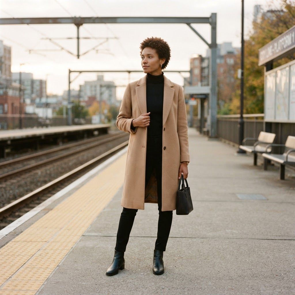 Longline Coat at a Train Platform: Editorial personal photo on an empty outdoor city train platform in pale autumn morning light.