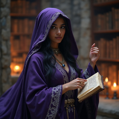 AI-generated photo: Cosplay photo of an enigmatic sorcerer, enveloped in flowing robes of deep purple and midnight blue,...