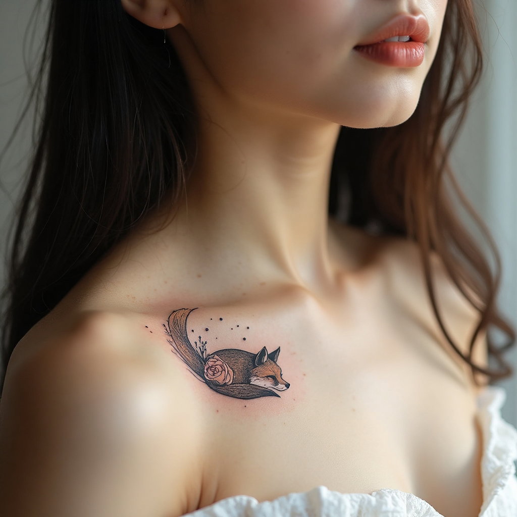 AI-generated photo: Photorealistic photography of a woman with an elegant minimalist tattoo of a fox curled in a resting...