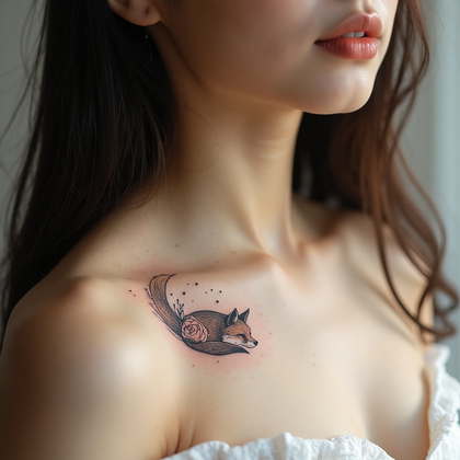 AI-generated photo: Photorealistic photography of a woman with an elegant minimalist tattoo of a fox curled in a resting...