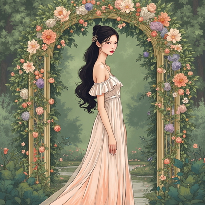 AI-generated photo: Art Nouveau illustration. Present a picturesque garden party, with a young woman elegantly poised be...