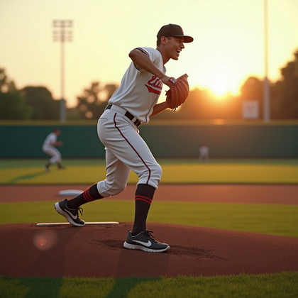 AI-generated photo: Photorealistic daytime baseball photography at golden hour with the sun grazing across the infield, ...