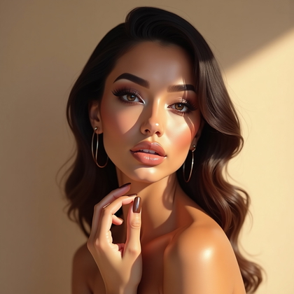 AI-generated photo: Photorealistic beauty studio portrait. Glamorous three-quarter view head-and-shoulders shot against ...