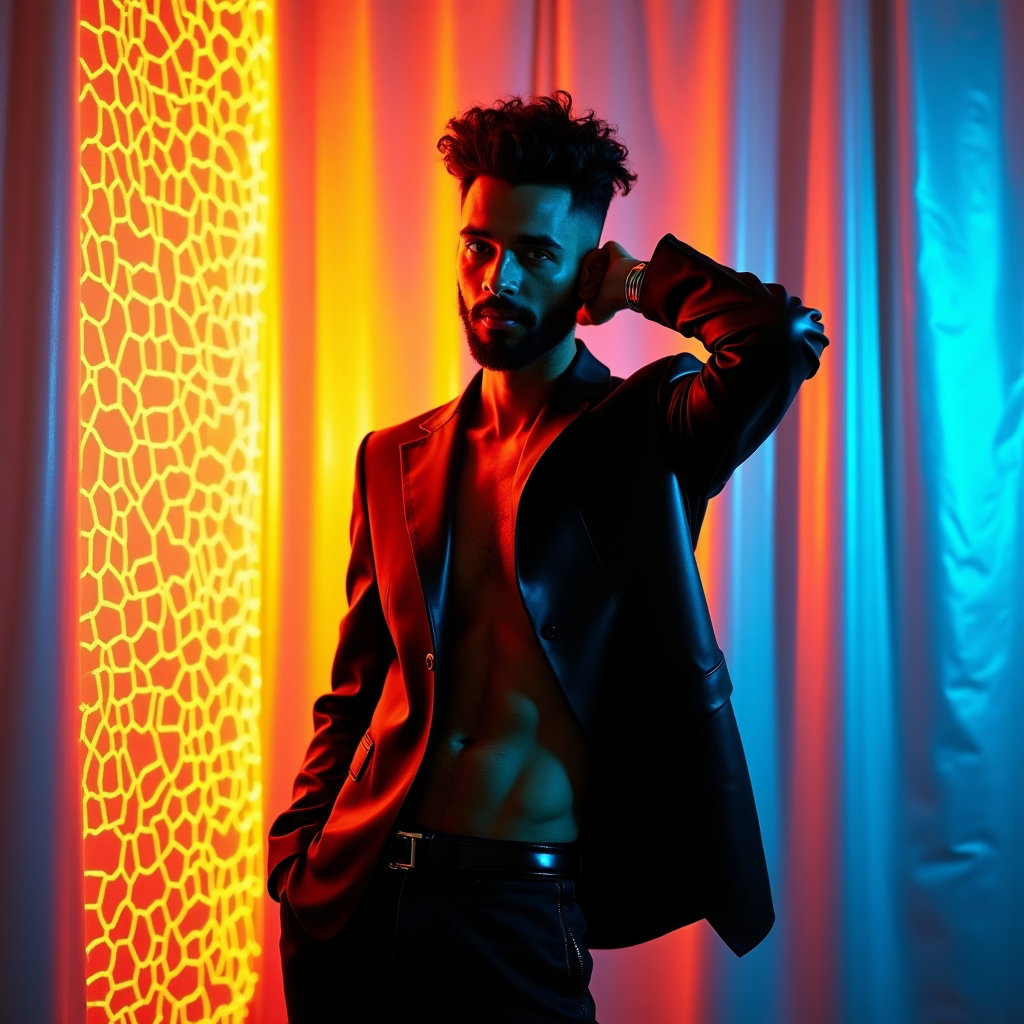 AI-generated photo: Photorealistic neon editorial portrait photo using a honeycomb hex gobo cross-gelled acid-green and ...