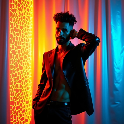 AI-generated photo: Photorealistic neon editorial portrait photo using a honeycomb hex gobo cross-gelled acid-green and ...