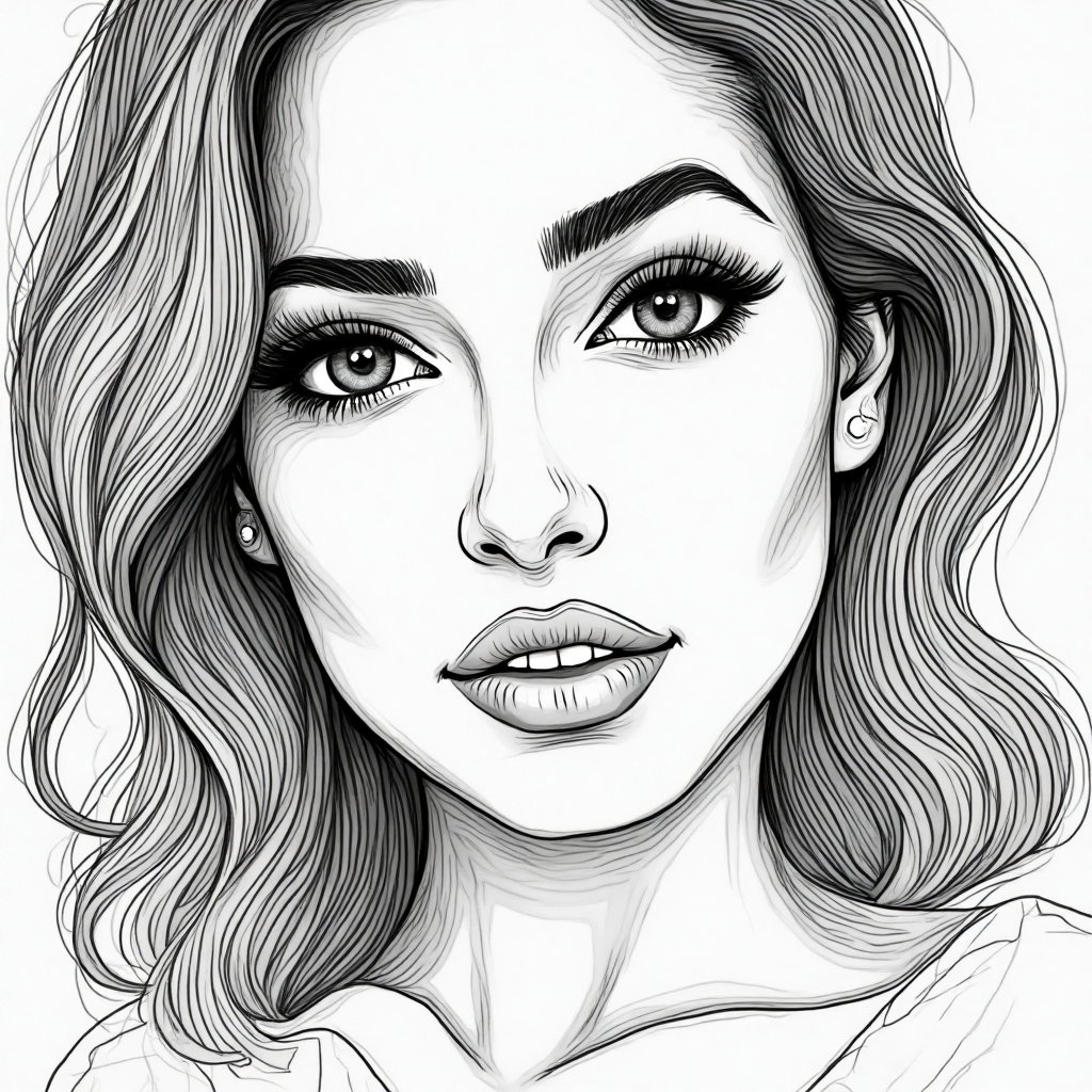 AI-generated photo: Line art illustration. A striking close-up portrait showcasing intricate facial details, capturing t...