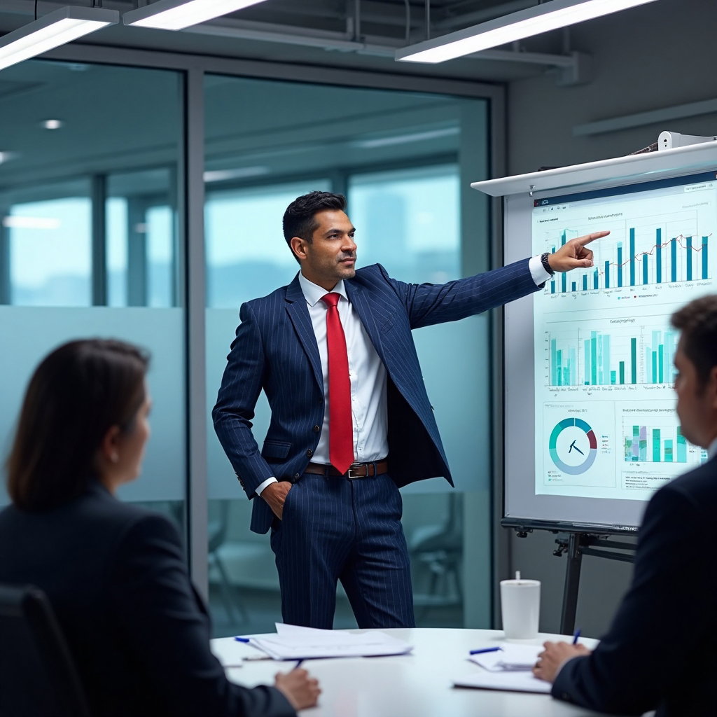AI-generated photo: LinkedIn photo depicting a strategic planning session in a high-tech boardroom, with a large interac...