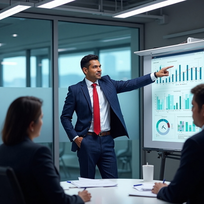 AI-generated photo: LinkedIn photo depicting a strategic planning session in a high-tech boardroom, with a large interac...