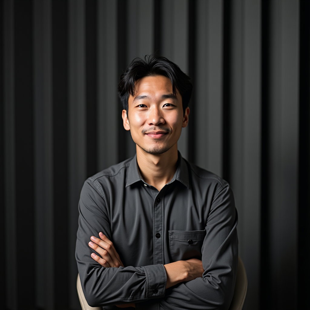 AI-generated photo: Professional headshot in a glass-free focus room with vertical acoustic slat walls and a matte charc...