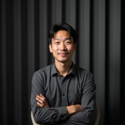 AI-generated photo: Professional headshot in a glass-free focus room with vertical acoustic slat walls and a matte charc...