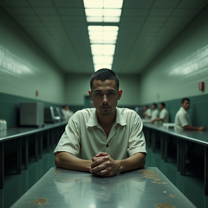 AI-generated photo: Photorealistic prison photography close-up, the subject is seated alone in a long, echoing cafeteria...