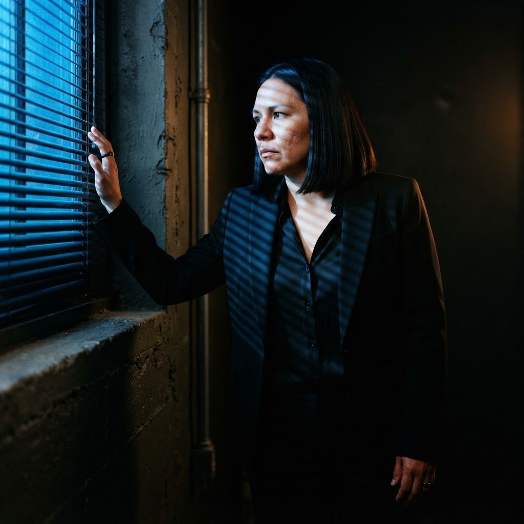 Venetian Blind Shadows: Half-body neo-noir wall pose with one visible person wearing a structured black suit and open-collar shirt.