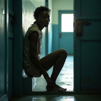 AI-generated photo: Photorealistic prison portrait photograph, the person is seated sideways on the lower concrete ledge...