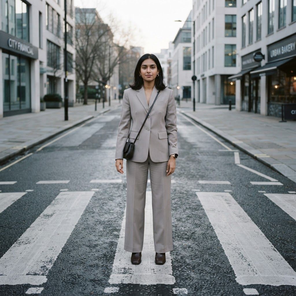 Sharp Tailoring at a Dawn Crosswalk: A realistic head-to-toe photo at a broad crosswalk in a quiet business district, with the white stripes leading toward the subject from the…