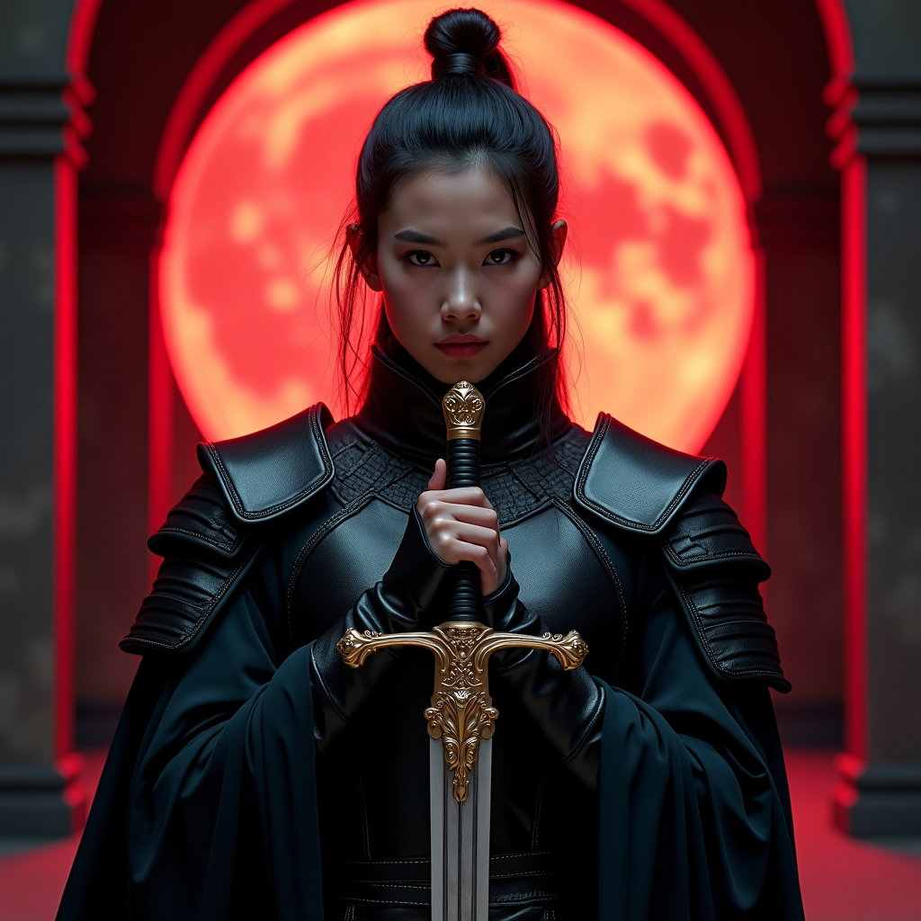 Solo Idol-Hunter Hero Portrait example: Cinematic fantasy character photo. Editorial hero image with the face clearly visible, centered in a commanding front-fa
