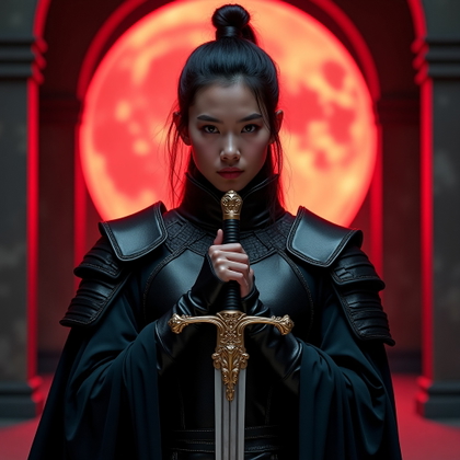 Solo Idol-Hunter Hero Portrait example: Cinematic fantasy character photo. Editorial hero image with the face clearly visible, centered in a commanding front-fa