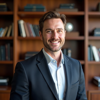 AI-generated photo: Professional headshot photo in an executive library framed by warm walnut shelving and understated a...