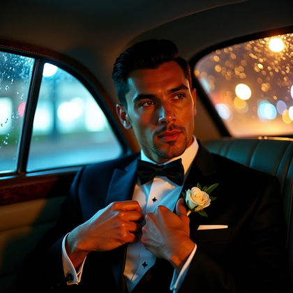 AI-generated photo: Photorealistic wedding photography portrait in the backseat of a classic luxury car at night, rain-s...