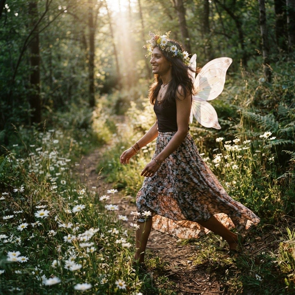 Woodland Fairy Among Wildflowers: Candid side view on a narrow woodland trail lined with daisies and wild grasses.