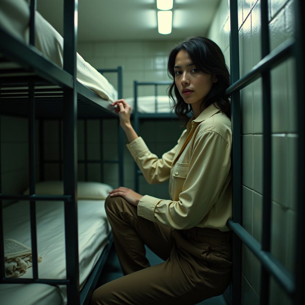 AI-generated photo: Photorealistic prison portrait photography, person seated sideways on the top bunk with feet resting...