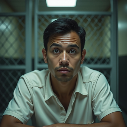 AI-generated photo: Photorealistic prison visitation-room portrait, tight close-up on the face just above the collarbone...