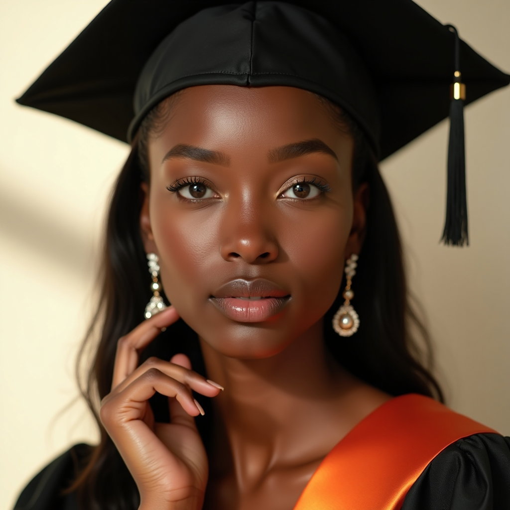 AI-generated photo: Professional beauty portrait photography, close-up graduation styling with a sharply structured cap,...