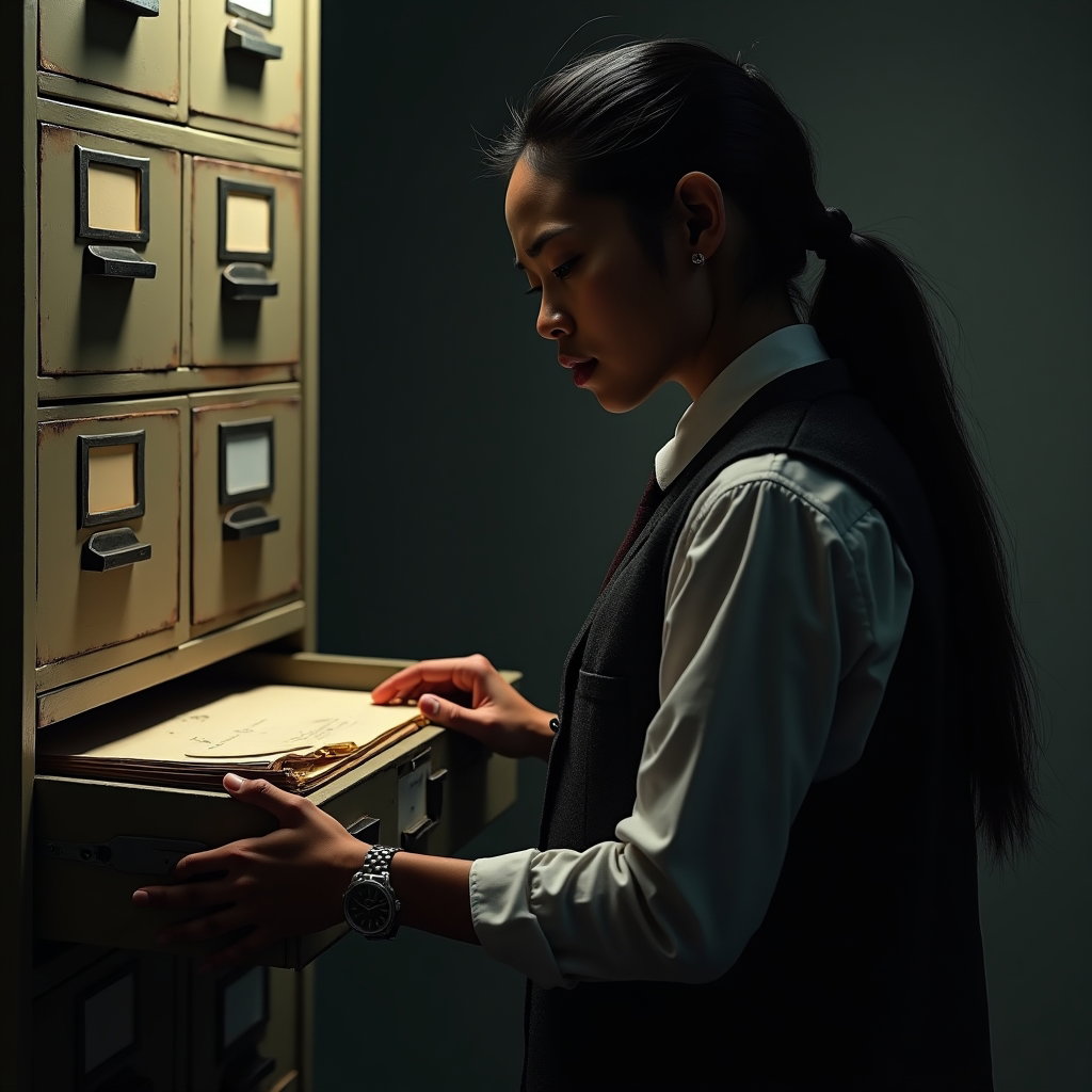 Archive Drawer: Shadowy three-quarter portrait beside a battered institutional filing cabinet, one visible person half-turned toward the viewer while…