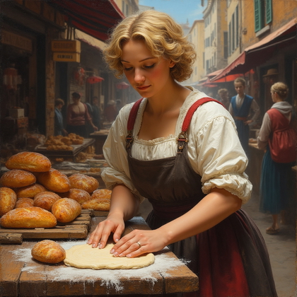 AI-generated photo: Renaissance oil painting. A lively portrayal of a young baker in a bustling Renaissance marketplace....