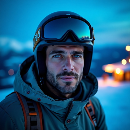 AI-generated photo: Photorealistic ski portrait at blue hour on a high overlook, the subject holds a wide, planted stanc...