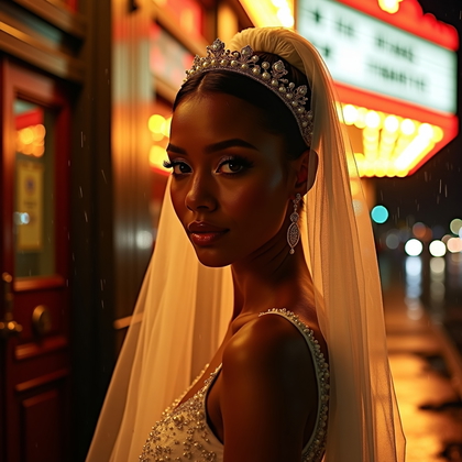 AI-generated photo: Photorealistic wedding photography capturing a rainy-night portrait beneath a glowing theater marque...