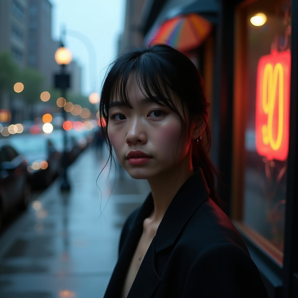 Natural Pride Portraits That Avoid Prop Overload example: Photorealistic creative portrait photography. Minimalist portrait after light rain on a quiet sidewalk, the subject faci