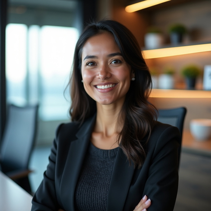 AI-generated photo: Professional headshot photograph inside a high-tech incubator space featuring glass conference rooms...