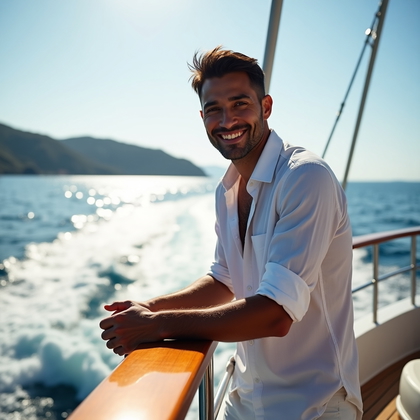 Photorealistic dating profile photo: On the teak deck of a cruising yacht under clear midday sun, the subject leans lightly against the polished rail with shoulders open and stance confident, resort-chic attire with crisp textures and an easy, breathable silhouette. Brilliant sea glare throws sparkling highlights while the horizon rides high so the face anchors center frame, and shallow depth softly melts the water and wake. Expression is warm and inviting with direct eye contact, hands relaxed on the rail to signal ease and approachability.